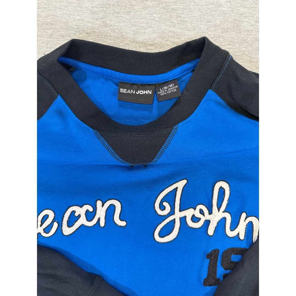 Sean John Boys Blue Black Raglan Long Sleeve T-Shirt Script Logo Size L16/18 NEW